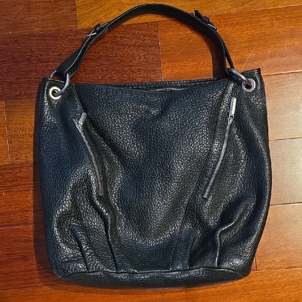 Groom Pebbled Black Leather Hobo Bag with Silver Hardware